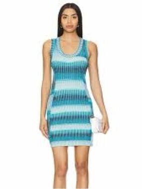 Sleeveless Striped Knit Mini Dress in Teal Blue